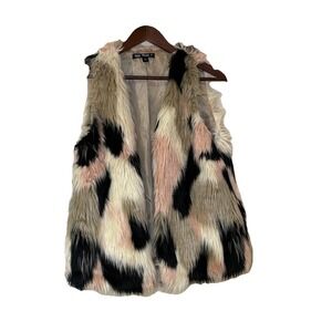 Say What Faux Fur Vest Womens Medium Blush Cream Black Patchwork Sleeveless Boho
